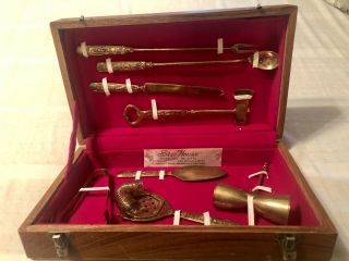 Vintage 9 Piece Brass Bar Tool Set In Wood Box