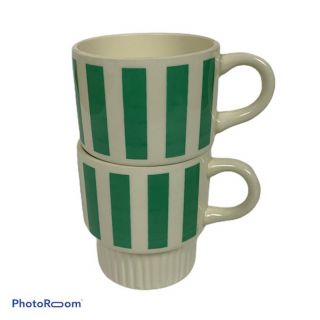 Stackable Striped Vintage Coffee Mugs - Set Of 2 Mid Century Modern Stacking Tea