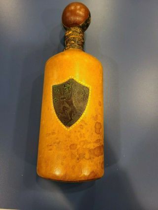Vintage Leather Covered Liquor Decanter Bottle Made In Italy With Crest