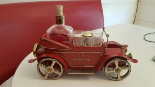 Vintage Red Metal Bar Car Music Box And Decanter With 6 Glasses