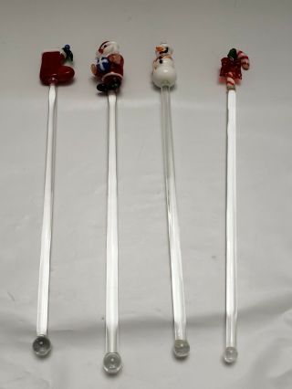 Retro Glass Cocktail Swizzle Stir Stick Set Of 4 Christmas Theme Santa Snowman
