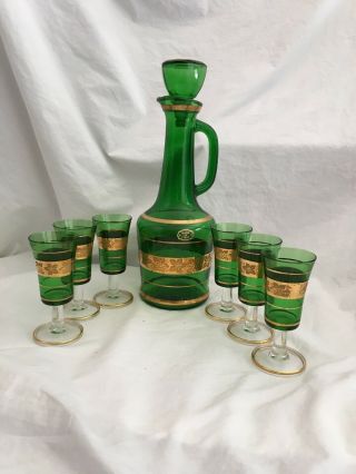 Vintage Italian Glass Emerald Green Gold Decanter And 6 Cordials Set