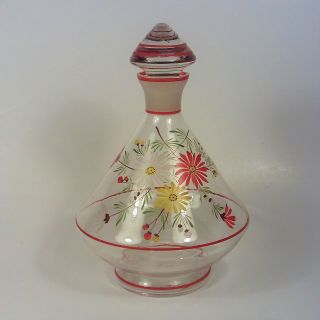 Small 8 " Vintage Hand Painted Decanter Bottle & Stopper Flowers Red Bands