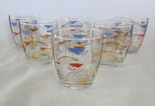 6 Vtg Mid Century Modern Cocktail Low Ball Glasses Blue Red Gold Triangles 8 Oz
