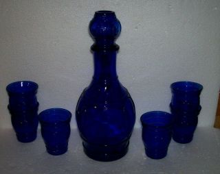 Vintage Cobalt Blue Decanter And Matching 6 Shot Glass Set