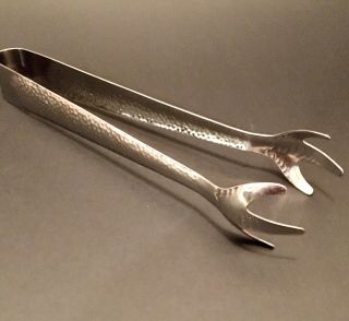 Vintage Hammered Stainless Steel Claw Style Ice Tongs Mid Century Barware