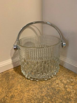 Glass Ice Bucket With Silver Colored Handle.  Vintage.