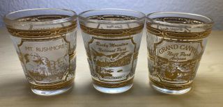 Vtg 3 22k Gold National Park Shot Glass Rushmore Rocky Canyon Culver Made In Usa