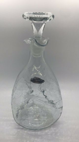 Vintage Blenko Clear Crackled Glass Pinched Liquor Decanter And Stopper Perfect