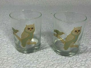 Vintage Couroc Low Ball Glasses Turquoise Gold Owl And Bird Set Of 2
