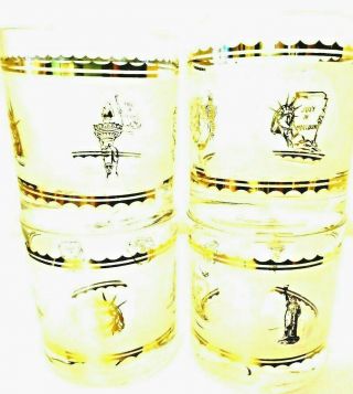 Set Of 4 Statue Of Liberty On The Rocks Glasses W Gold Etched And Frosted Glass