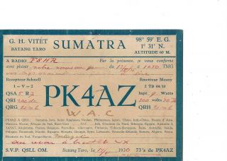 1930 Pk4az Sumatra D.  E.  I.  Qsl Radio Card