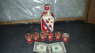 Vintage Leather Liquor Decanter With 6 Shot Glasses (made In Yugoslavia 1960 - 19