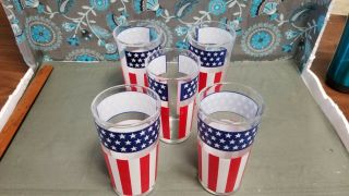 5 Vtg Libbey ? Drinking Glasses Stars And Stripes Red White Blue American Flag
