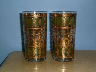 2 Vtg Mid Century Culver Green Gold Scroll Design Highball Cocktail Glasses