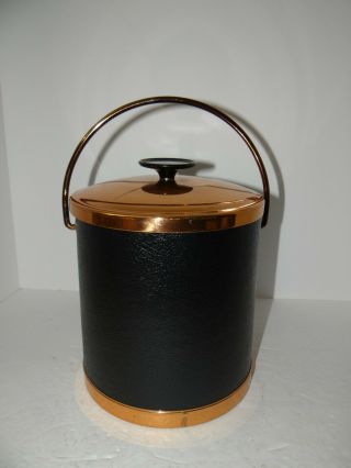 Vintage Coppercraft Guild Black Faux Leather & Copper Ice Bucket Made In Usa