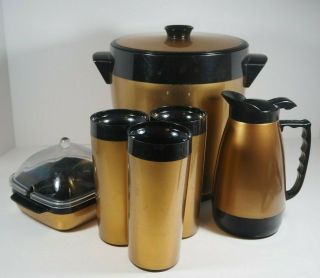 Vintage West Bend Thermo Serv Insulated Gold Black Set Ice Bucket Carafe Glasses