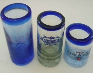 Set Of 3 Tequila Shot Glasses Cobalt Blue Rims Made In Mexico Small Medium Large
