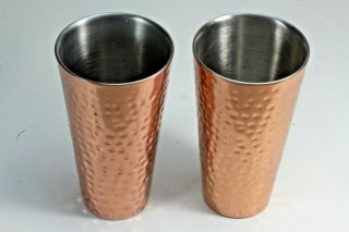 2 Hammered Copper Plated Stainless Steel Lined 7 " Tumblers Drinking Glasses Cups