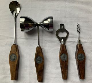 Vintage Barware Set Of 4 Wood Wooden Handles Utensils Cocktail Tool Bar Set