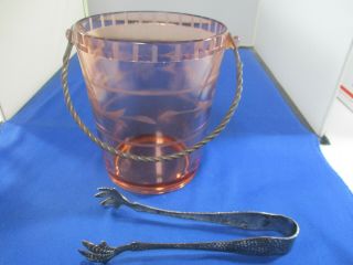 Vintage Pink Depression Glass Ice Bucket Metal Handle Etched Flower 6 " W/tongs