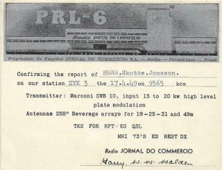 1949 Qsl: Zyk - 3,  Radio Jornal Do Commercio,  Recife,  Pernambuco,  Brazil