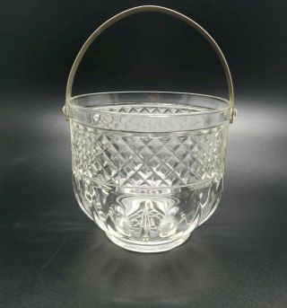 Vintage Diamond Shape Cut Glass Ice Bucket With Alum.  Handle Bareware Collectibe