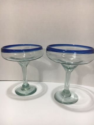 Set 2 Vintage Mexican Hand Blown Cobalt Blue Rim Margarita Glasses 6 " Tall