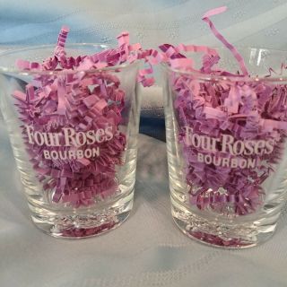Set Of 2 Four Roses Bourbon Low Ball Glasses Etched Base And Embossed