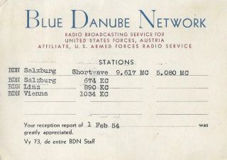 1954 Qsl: Blue Danube Network,  United States Forces,  Salzburg,  Austria