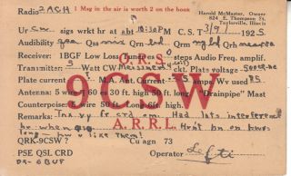 9csw Qsl Card Taylorville Il 1925