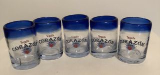 Set Of 5 Tequila Corazon De Agave Cobolt Blue Rimmed Shot Glasses