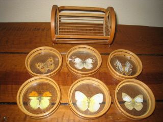 Vintage Butterfly & Wicker 6 Coasters with Caddy Made in Japan 2