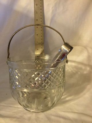 Glass Ice Bucket With Silver Tone Handle And Tongs Pressed Glass