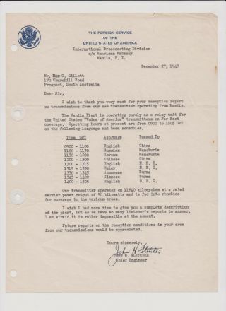 Qsl Verification Letter Us Embassy Manila Philippines To Gillett Australia 1947