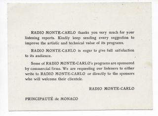 Qsl Radio Monte Carlo Principaute Monaco 1949 On 6035 Kcs France History Dx Swl