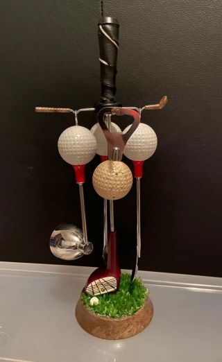 Vintage Golf Themed Bar Tools Set W/ Stand - Jigger Spoon Stirrer Bottle Opener