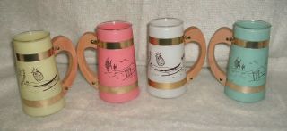 Vintage Set Of 4 Siesta Ware Barrel Mugs Retro Barware Wood Handles Pastel Frost