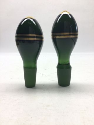 2) Vintage Emerald Green Glass Decanter Bottle Stoppers With Gold Trim