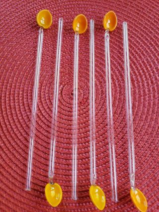 6 Orange Vintage Blown Glass Sea Shell Spoon Straw Swizzle Stir Stick