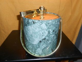 Vintage Kraftware Faux Green Marble Ice Bucket Gold Metal Lid & Ice Tongs