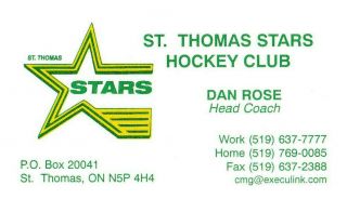 Gojhl St.  Thomas Stars Junior " B " Hockey Business Card - Different Version