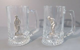 Glass Mugs With Pewter Golfer On Side - 1 Putting & 1 Leaning On Putter