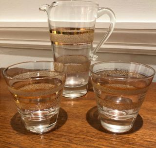 Vintage Mcm Pitcher And Drinking Glasses Set Glass Gold Strip Barware