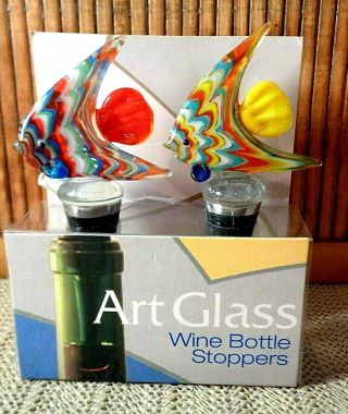 2 Art Glass Tropical Fish Wine Bottle Stoppers / Colorful