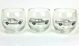 Set Of 3 Vintage Old Fashioned / Rocks / Low Ball Bar Glasses With Classic Cars