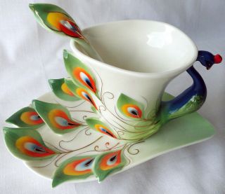 3 D Peacock Fine China Tea Cup And Saucer W/spoon Gold Trim Colorful