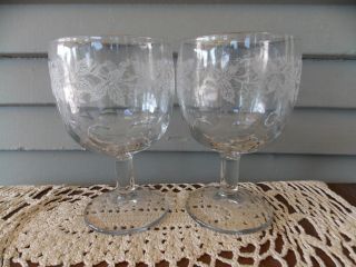 Set Of 2 Vintage Large Clear Glass Goblets W/ Grapes & Grapevines Thumbprint