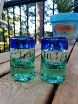 Del Dueno Anejo Tequila Mexican Hand Blown Cobalt Blue Green Shot Glasses
