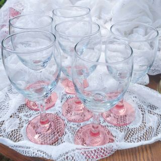 Set Of 6 Vintage Wine Glasses Clear Glass With A Pink Foot 6 - 1/2 " Tall